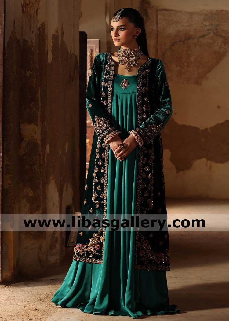Long jacket embellished in Deep Bottle Green Velvet paired with Inner Silk Gown UK USA Canada Dubai Australia
